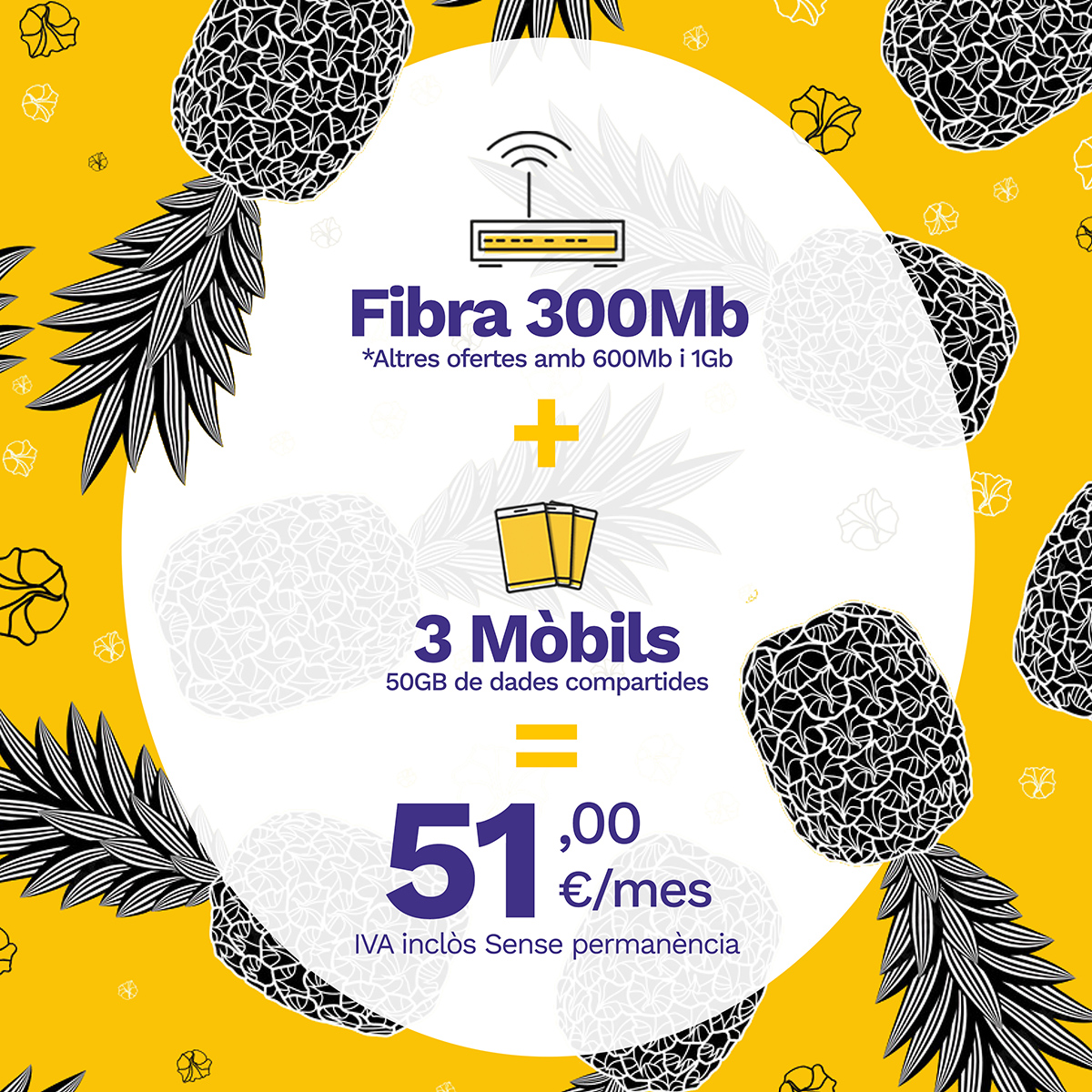 ➡️Fibra + 2 mòbils amb 50 GB de dades compartides: a partir de 46,50€  
 ➡️Fibra + 3 mòbils amb 50 GB de dades compartides a partir 51€    
👉Sempre sense compromís de permanència!

🍍Escull la teva tarifa compartida!🍍
somconnexio.coop/tarifes-intern…