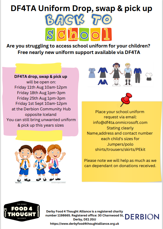 Are you struggling with school uniform, or do you have and spare that you could donate? DF4TA could help! <a href="/DerbyFood4TA/">Derby Food 4 Thought Alliance</a>