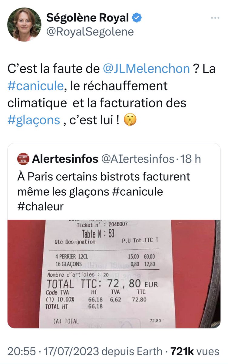 jeromegodefroy's tweet photo. Avoir été ambassadrice de la banquise ne confère aucune expertise dans les glaçons.

En voulant défendre @JLMelenchon, l’inénarrable @RoyalSegolene s’indigne au sujet d’une fausse facture de bistrot, fake grossier démoli depuis 2020.

On va rigoler chez Hanouna à la rentrée ! https://t.co/2JojuRCeEu