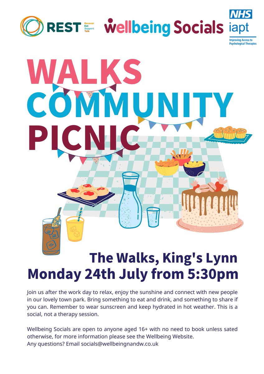 If you're in the King's Lynn area, you may like to join in with a local community picnic at The Walks on Monday 24th July from 5.30pm 🥪🍏 No need to book, just take along your food and drink and relax in the company of others 😊