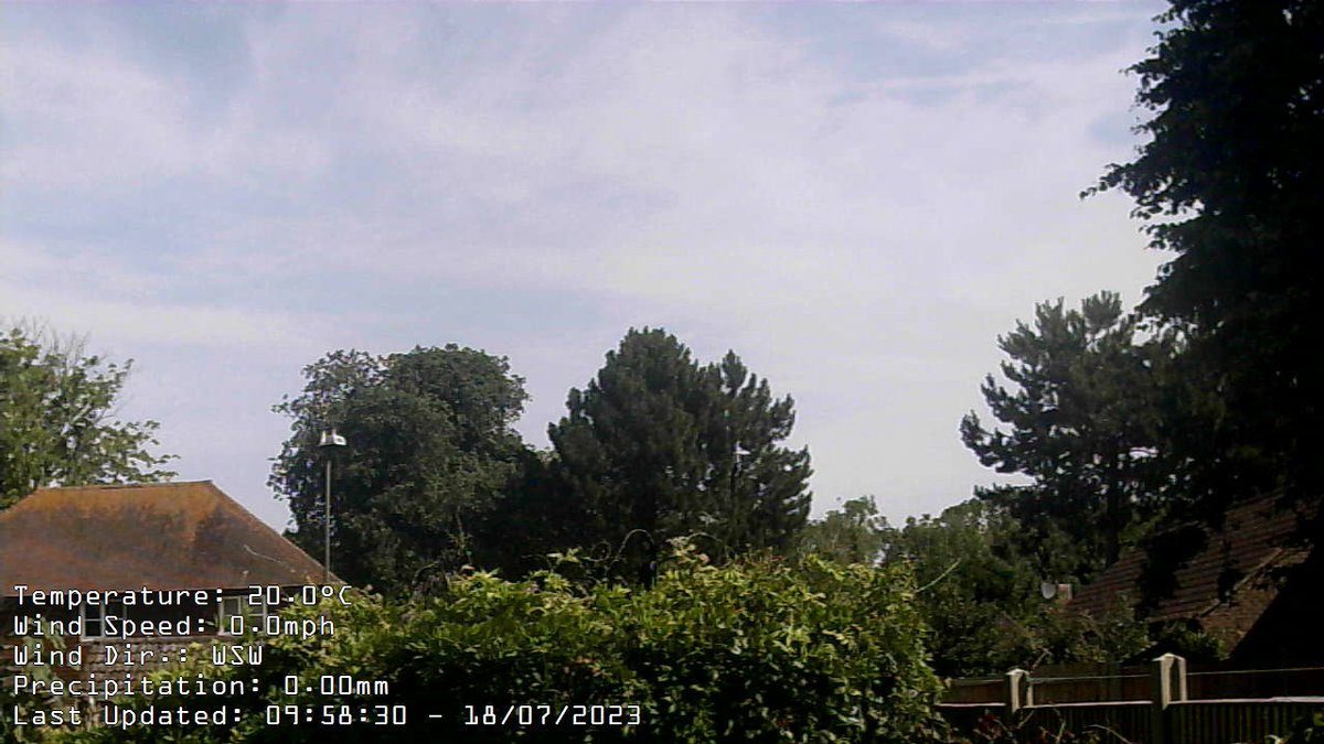 Report at 10:00 Wind:SE at av. 0mph, max gust today 0.0mph at 15:34Temp:20.1CMax today:20.1C at 09:59 Min today: 11.2C at 05:16 Baro:1019.3mb Falling slowlyRain Today:  0.0mm Fcst: increasing clouds with little temp change, precipitation possible within 24 to 48 hrs.