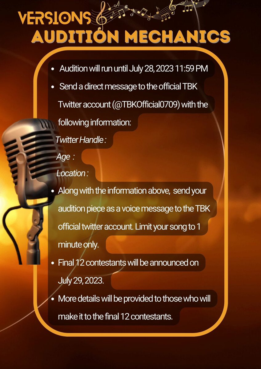 TBKOfficial0709's tweet image. VERSIONS 🎙️a twitter space singing competition is NOW ON! 🎵

For audition mechanics, please check details below. 

#SingingContest
#VERSIONS
#TBK2023