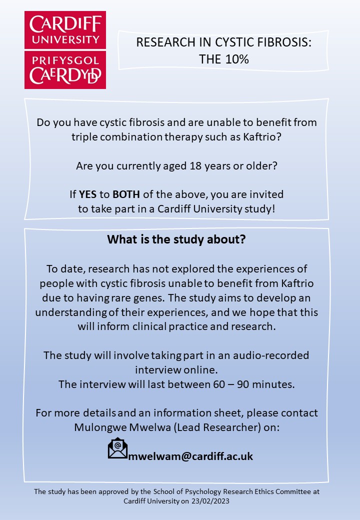 Dr Mulongwe Mwelwa (@mulongwemwelwa) on Twitter photo Hi everyone, recruitment is still open.
If you are an adult with CF and cannot benefit from Kaftrio/Trikafta due to genetic factors, please consider participating.
For further information, please contact me via email (mwelwam@cardiff.ac.uk) or DM.
<a href="/DrCatherine_OL/">Dr Catherine O'Leary</a>
<a href="/cftrust/">Cystic Fibrosis Trust</a> Hi everyone, recruitment is still open.
If you are an adult with CF and cannot benefit from Kaftrio/Trikafta due to genetic factors, please consider participating.
For further information, please contact me via email (mwelwam@cardiff.ac.uk) or DM.
<a href="/DrCatherine_OL/">Dr Catherine O'Leary</a>
<a href="/cftrust/">Cystic Fibrosis Trust</a>