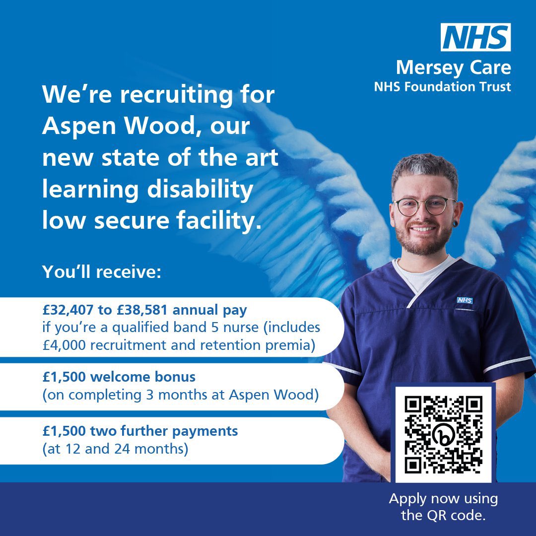 Join our online #Recruitment event for #AspenWood, our #nurses will talk about working at #MerseyCare and the great incentives we have 💙 Qualified band 5 #Nurses will start on £32,407 (includes R&R premia) and a welcome bonus ⬇ bit.ly/aspen-wood-onl… @WeNurses @LDNursesNI
