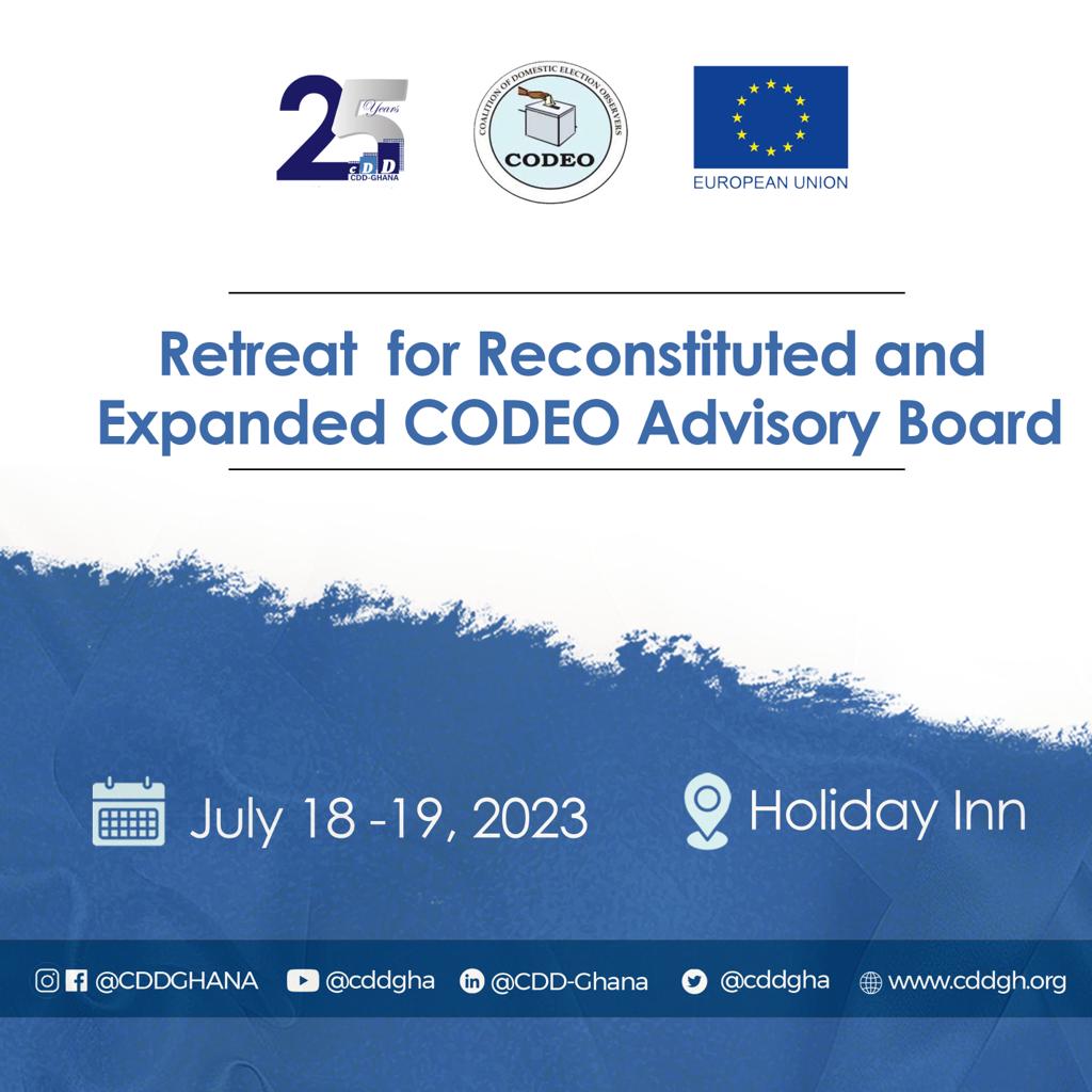 The reconstituted CODEO Advisory Board will gather to broaden their awareness of National and International Electoral laws and responsibilities shaping electoral practices and observation and discuss establishing a regulatory framework for the Coalition's governance. #CODEO