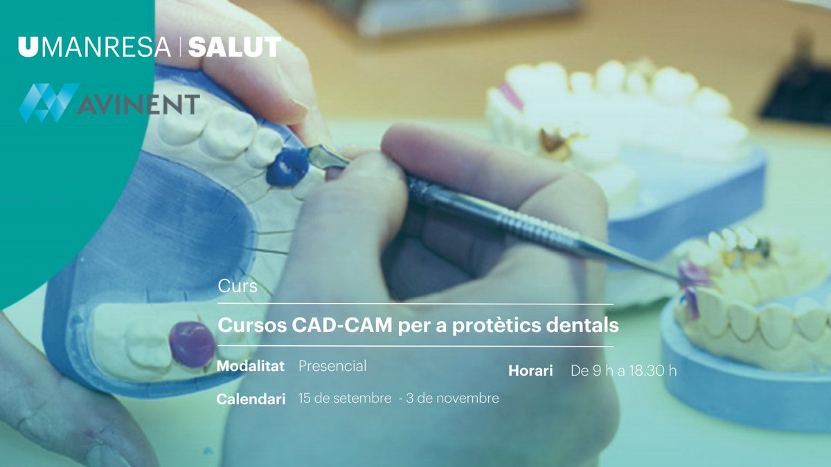 UManresa's tweet photo. Nova oferta de cursos CAD-CAM per a protètics dentals impartits per @Avinent_Group  i UManresa  per aprofundir en les darreres tècniques de disseny dental virtual

👤 Modalitat: presencial
🗓️ Inici: 15 de setembre de 2023

https://t.co/7JNUqWDl6I

#protesisdentals #cadcam https://t.co/lddfhGX3Uo