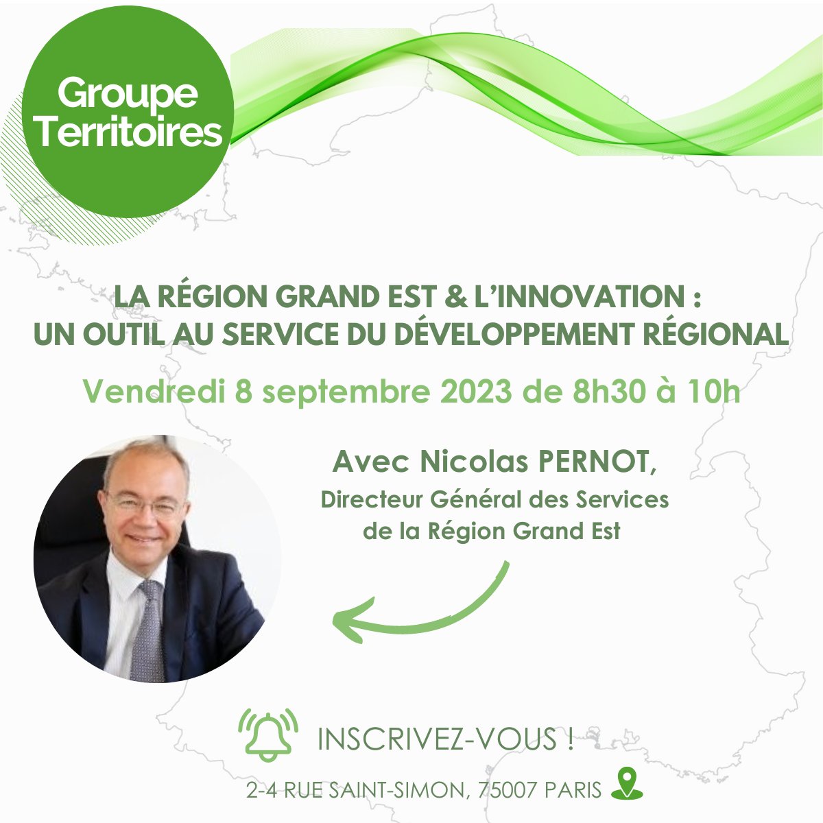 [Le Groupe Territoires vous donne RDV en septembre ] 📗
Nicolas PERNOT, DGS de la Région Grand Est interviendra sur :
"La Région Grand Est &amp; l’innovation : un outil au service du développement régional"
Inscription ⬇
buff.ly/44rwND6

#savethedate #conference #evenement
