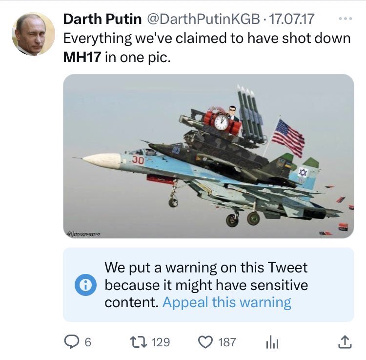 DarthPutinKGB's tweet photo. The troll farm mass report their prez’s tweets for “sensitive content”.

Not that we are afraid of being laughed at or anything. https://t.co/SWaLVFwaRr