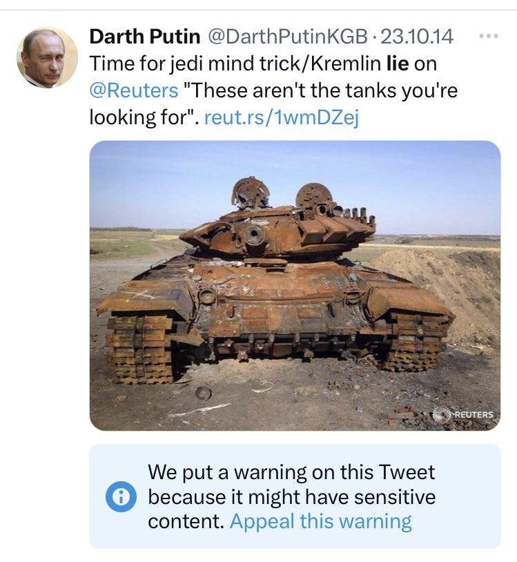 DarthPutinKGB's tweet photo. The troll farm mass report their prez’s tweets for “sensitive content”.

Not that we are afraid of being laughed at or anything. https://t.co/SWaLVFwaRr