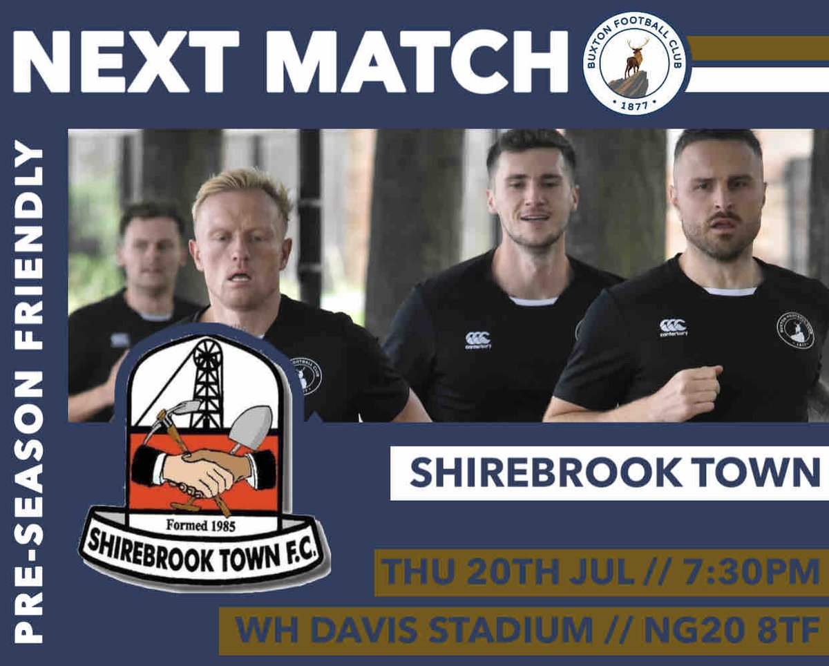 🔜⚽️ | Following the cancellation of Wednesday’s friendly with Halifax Town, we will now visit <a href="/ShirebrookTwnFC/">Shirebrook Town FC</a> on Thursday 20th July, with a 7:30pm kick-off. 

Further details to follow. 

#UpTheBucks | #TeamBuxton