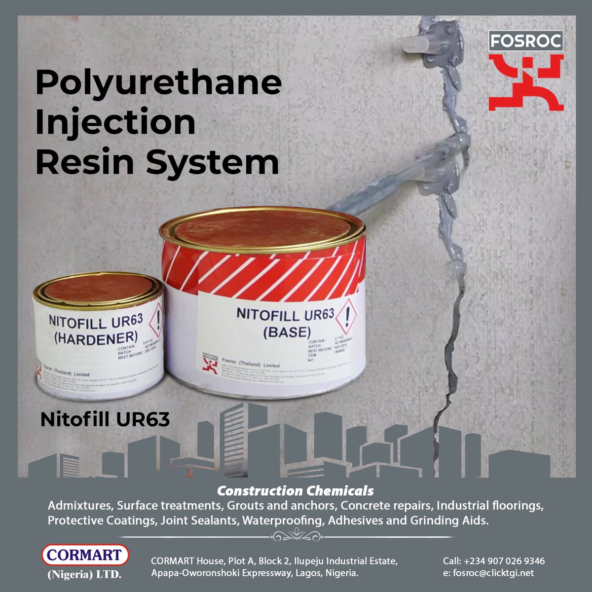 Cormart_constr's tweet photo. For seal and bond cracks in concrete and masonry. Crack widths of between 0.2 mm and 10 mm can be treated dependent on requirements. Fosroc manufactures a wide range of products which include :

Nitofill UR63 which is designed as a permanent solution and can be used in- https://t.co/izNJbUgIez