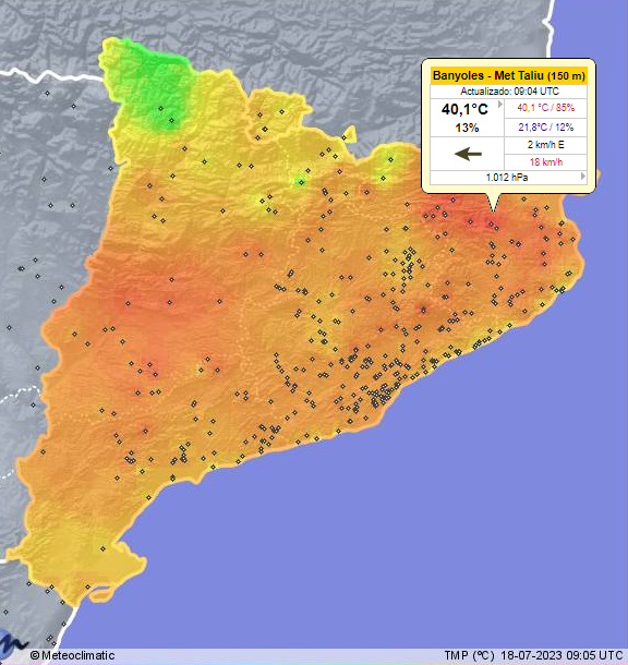 MeteoGasso's tweet photo. Ja tenim els primers 40ºC de Catalunya a un dels observatoris d'en @KimGrions a Banyoles... Només són les 11.00h del matí. Avui això va desmadrat. Forn total a tot l'interior de Catalunya, compte si feu activitats a l'aire lliure! 🥵🥵🥵 https://t.co/XLwQlggdgE