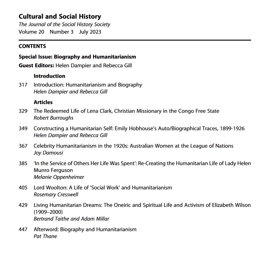 The latest issue of *Cultural and Social History* is a Special Issue on 'Biography and Humanitarianism' with guest editors Helen Dampier (@becketthistory) and Rebecca Gill (@HistoryatHud). Many of the articles are #OpenAccess! Read it here: tandfonline.com/toc/rfcs20/20/3
