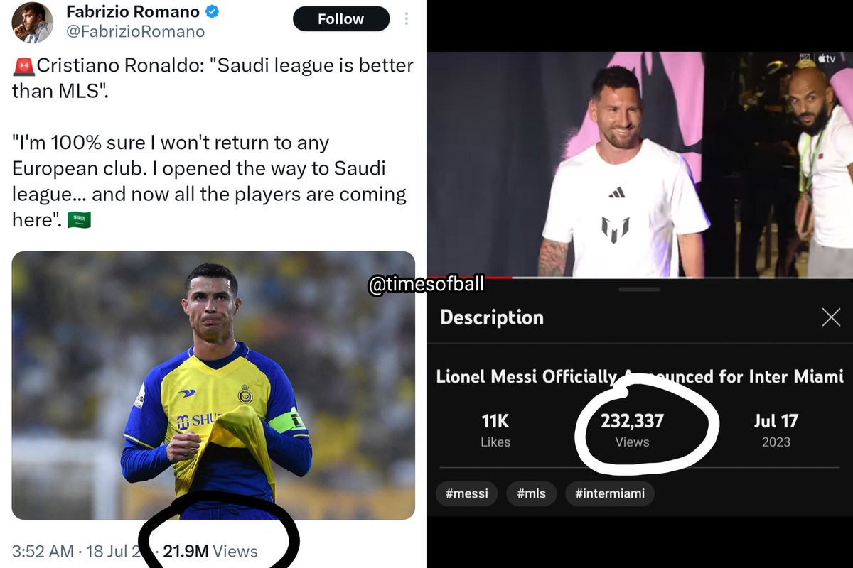 timesofball's tweet photo. No way Ronaldo's statement on MLS got more attention than Messi's presentation 😭😭😭 https://t.co/QhXuCQXL2U