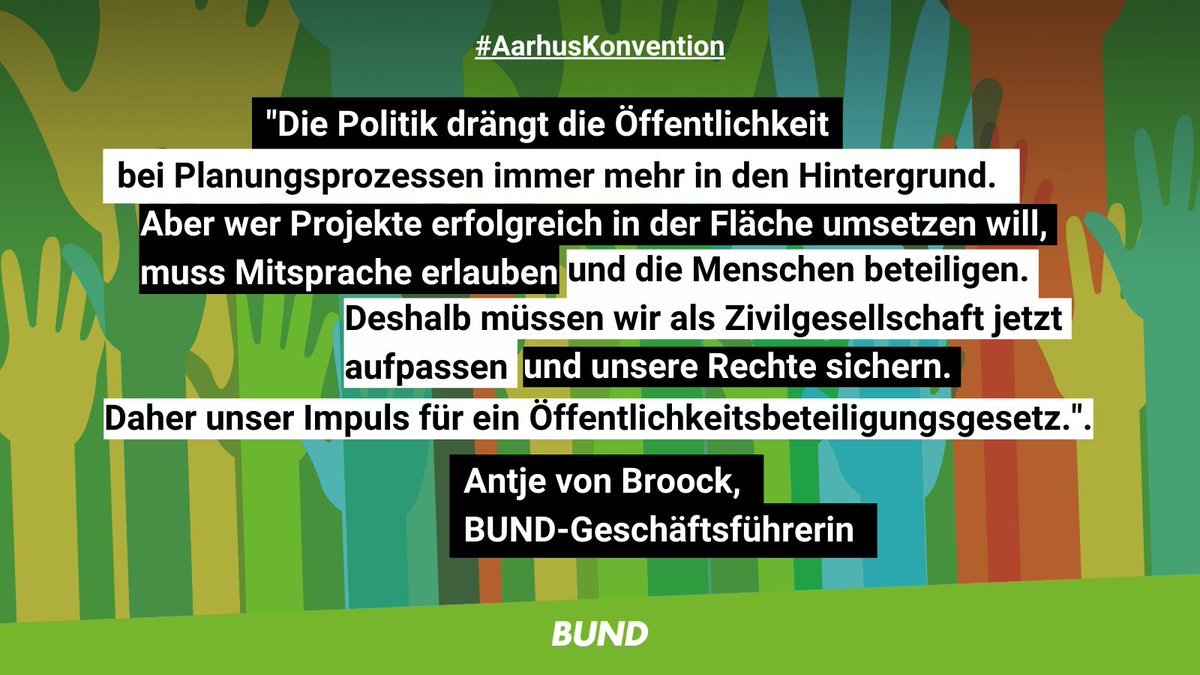 #Umweltschutz braucht Mitspracherecht! Doch Beteiligung wird zusehends aus dem Diskurs gedrängt, siehe die Beschleunigungsdebatte bei Planungs- u. Genehmigungsverfahren. Wir schlagen mit <a href="/NABU_de/">NABU 🦤</a> ein Öffentlichkeitsbeteiligungsgesetz vor: bund.net/themen/aktuell… #AarhusKonvention