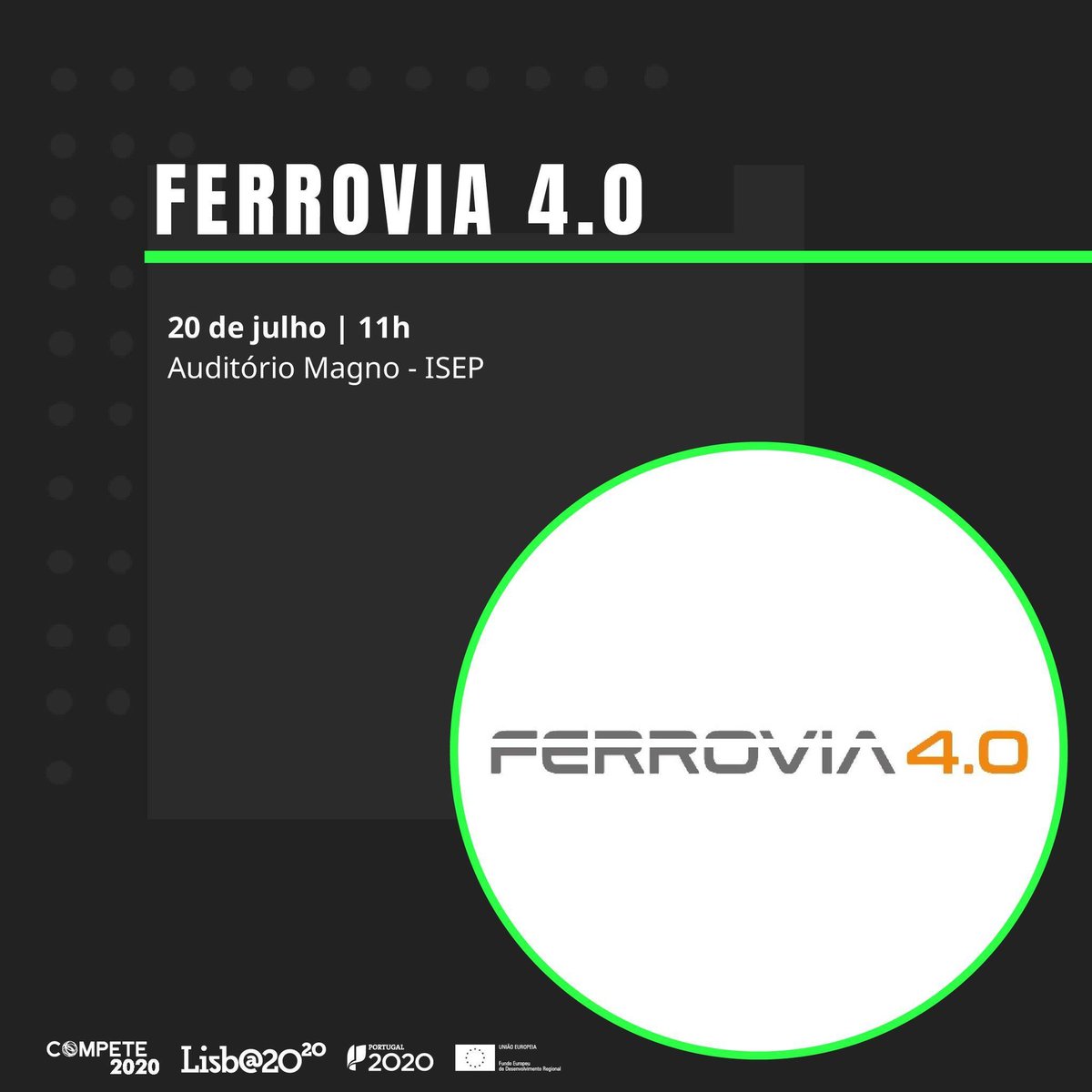 FEEICOMPETE2030's tweet photo. Sessão de demonstração de resultados do projeto FERROVIA 4.0 | dia 20jul, 11h - 17h, no Auditório Magno, do Instituto Superior de Engenharia do Porto (ISEP)
O projeto FERROVIA 4.0 foi apoiado pelo #COMPETE2020
+ Info em https://t.co/imXVtTmY3p https://t.co/gHvzhbCI8J