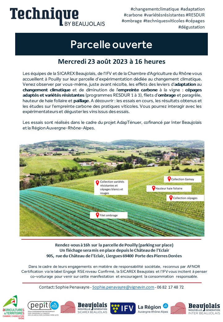 📢 Un RDV #TechniqueByBeaujolais à ne pas manquer ! Parcelle ouverte à la SICAREX Beaujolais le 23 août à 16 heures #sicarexbeaujolais #ifv #changementclimatique #adaptation #carbone #RESDUR #variétésrésistantes #ombrage #techniquesviticoles #cépages #dégustation
