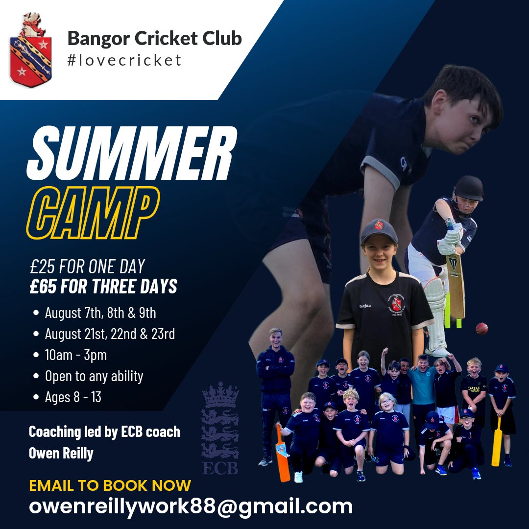 🚨🏏😀 Book a place on the Bangor Cricket Summer Camp! 😀🏏🚨

Email owenreillywork88@gmail.com to book now and to ask any other queries you may have.

#summercamp #fun #bangorcricketclub #futurestars #makefriends #bcc1856 #clwbcricedbangor #summeroffun #improvingskills
