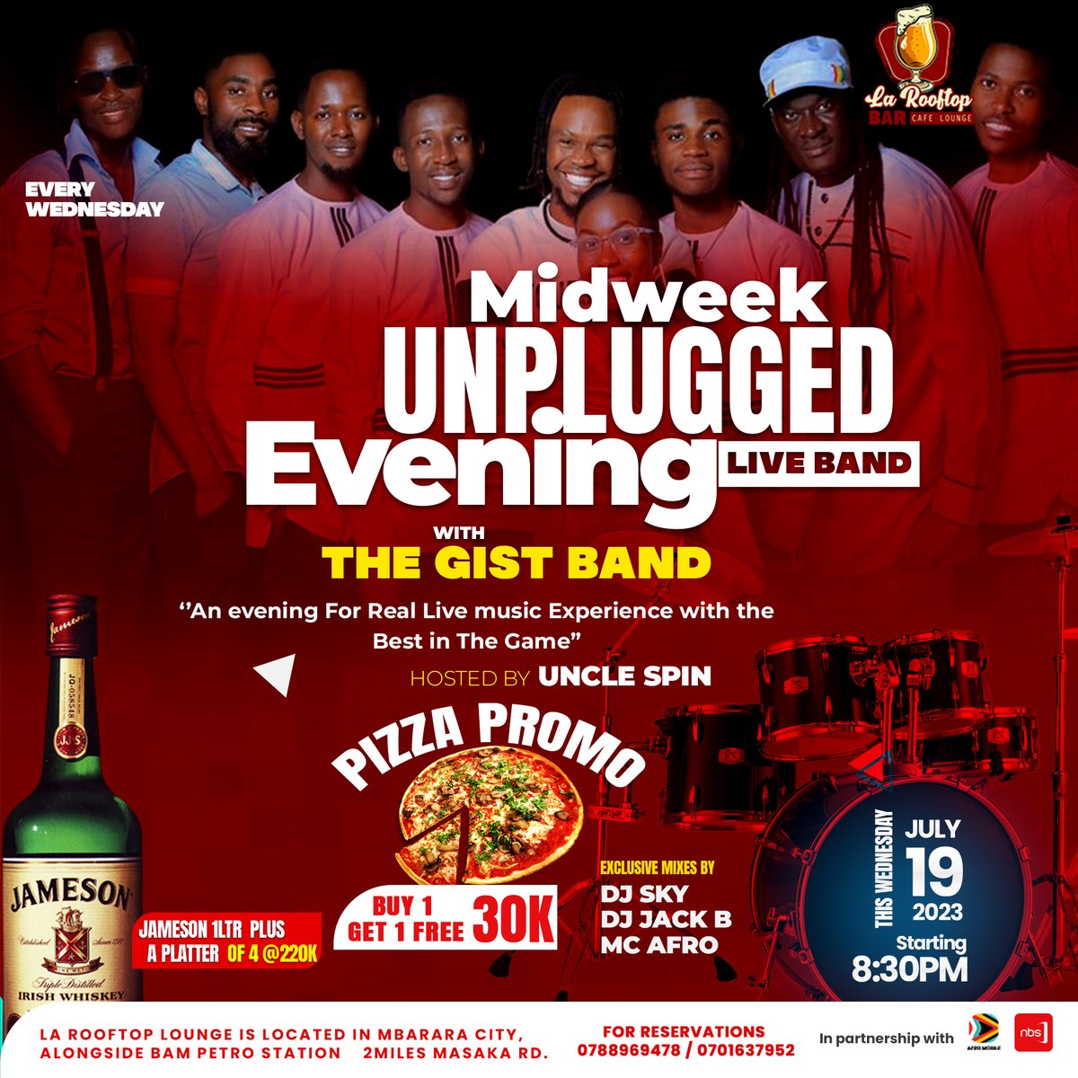 nbstv's tweet photo. Tomorrow, @larooftoplounge presents #MidWeekUnpluggedEvening with amazing entertainment from @TheGistBandug.

Offers; whole chicken platter at 50k, buy 1 pizza get 1 free at 30k 

Powered by @afromobileug and @nbstv

#NBSUpdates #TheFutureIsNow #AfroMobileUg https://t.co/EhoRjiHITu