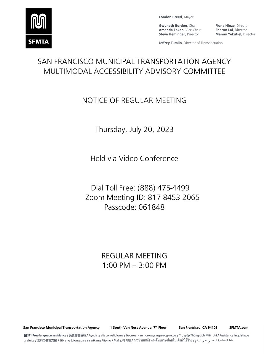 sfmtadocsbot's tweet image. Agenda, July 20 SFMTA MAAC Agenda sfmta.com/sites/default/…