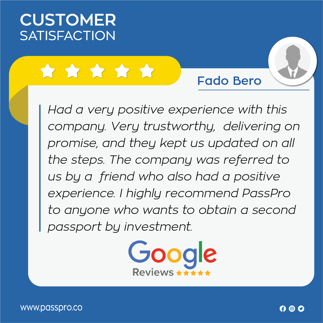 PassProNews's tweet photo. Looking for a trustworthy agent for #CitizenshipByInvestment? 

PassPro's reputation for excellence shines through Fado Bero's review. 

Join the ranks of satisfied clients and embark on your citizenship journey with us.

Contact us today to get started. Links in Bio https://t.co/t3M3OCExK1