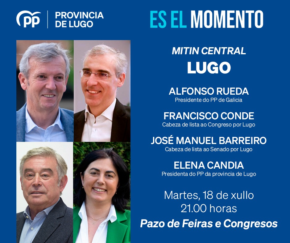Esta tarde ás 21.00 horas terá lugar o Mitin Central en Lugo no Pazo de Feiras e Congresos.
#23J #SomosASolución #VotaPP #ÉOMomento