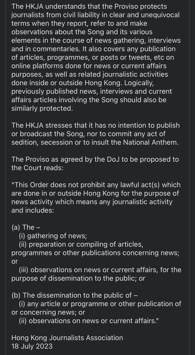 HK’s DOJ agreed to add a Proviso to its proposed injunction on protest song #GloryToHongKong in order to exempt “lawful acts…for the purpose of news activity” after @HKJA_Official made the request last month and applied to be an interested party of the hearing.