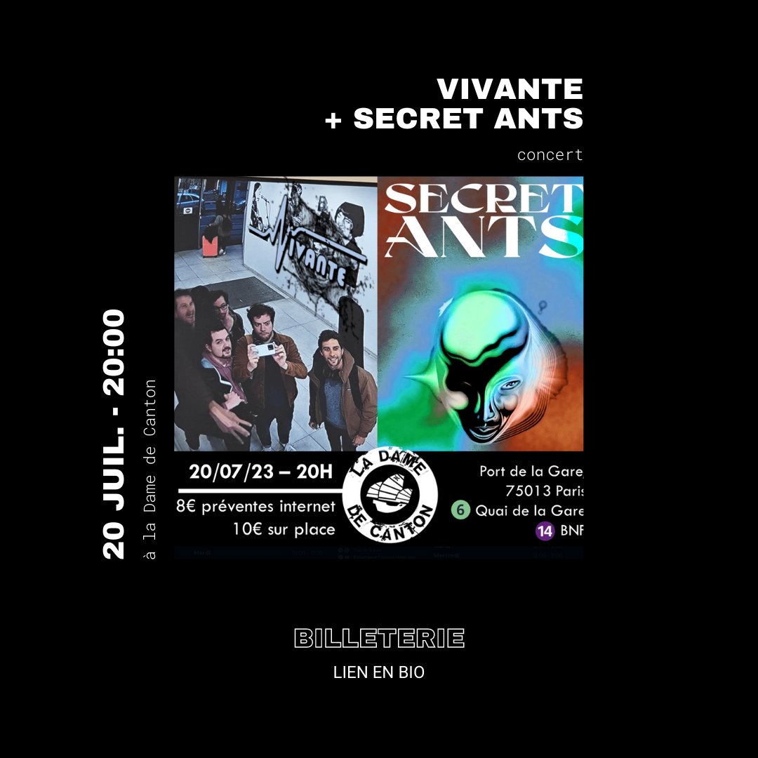 On t'invite ce soir à une soirée funk / rock à 20h00 avec VIVANTE et Secret Ants !

👉 Billetterie : billetweb.fr/vivante-secret…

#concerts