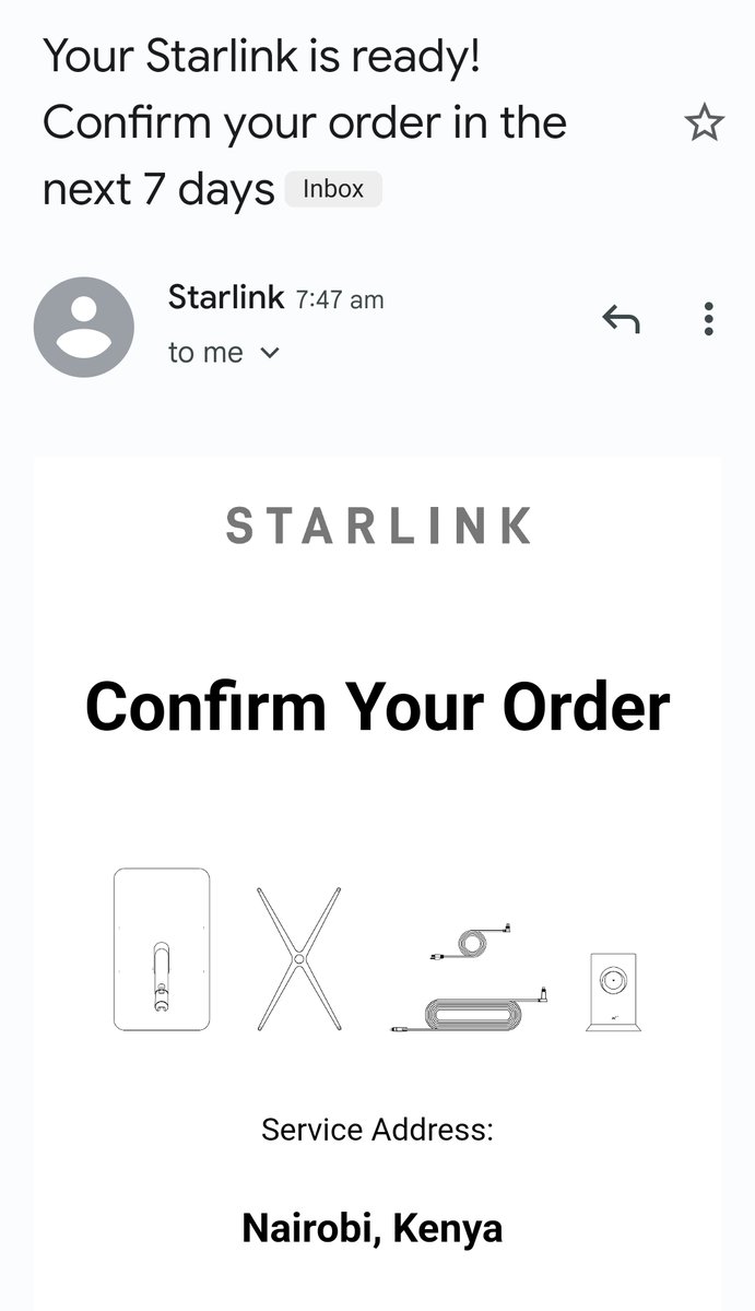 moseskemibaro's tweet photo. I got this email from Starlink today and my heart skipped a beat! It's been quite a few months since I paid the pre-order booking fee online and it seems the Starlink terminals will start shipping in Kenya in a few week's time. 

However, this is only half the story as I nearly had a heart attack once logged into the Starlink website and had a look at what it would cost to secure my order for the same. 

Buying the Starlink terminal will set you back a total of Kes. 89,000 which includes a shipping fee of Kes. 3,100. At the same time, the monthly subscription would be Kes. 6,500 which doesn't seem ridiculously priced but is still more than what I currently pay for my home Internet service.

But the real killer was this notice on the Starlink website when you want to complete the sign-up process:

'Starlink is currently available in your area using inter-satellite links! You can expect Starlink’s typical high-speed internet with brief periods of intermittent service and high latency. 

Users will be able to engage in common internet activities like email, online shopping, or streaming a movie, but they won’t be able to engage in activities like online gaming or video calls. Service will improve dramatically over the next year.'

I was like, hang on a second?! What's the point of getting Starlink if their Internet service is expected to be possibly slower or the same as what you have at home or on 4G or 5G in Kenya? Not to mention the high cost of acquiring the Starlink terminal? I. Have. So. Many. Questions....

That being said, this is Kenya? So, consumers and businesses are always keen to try the next big thing in technology and Starlink is no exception. There will be scenarios where it could be the only viable alternative in really remote locations, also known as the 'bundus'. 

Ultimately, I can see Starlink demand outstripping supply, right out of the box. Mark. My. Words. This is Kenya and we don't come to play when it comes to our Internet! These sorts of things are taken seriously in a market where Internet access has become something of a basic human right for over 30 million Internet users :)

#Starlink #Kenya #Internet