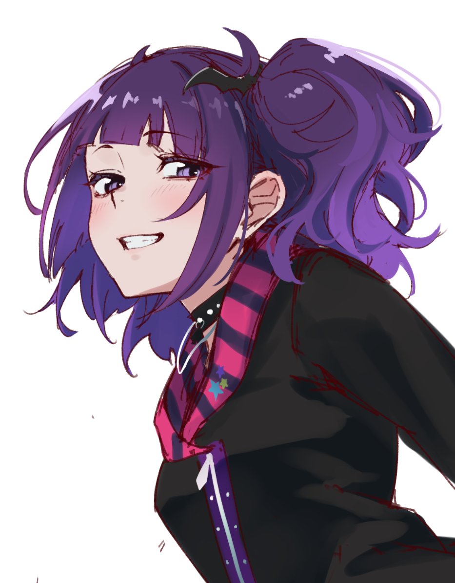 tanaka mamimi 1girl purple hair diagonal bangs solo smile purple eyes white background  illustration images