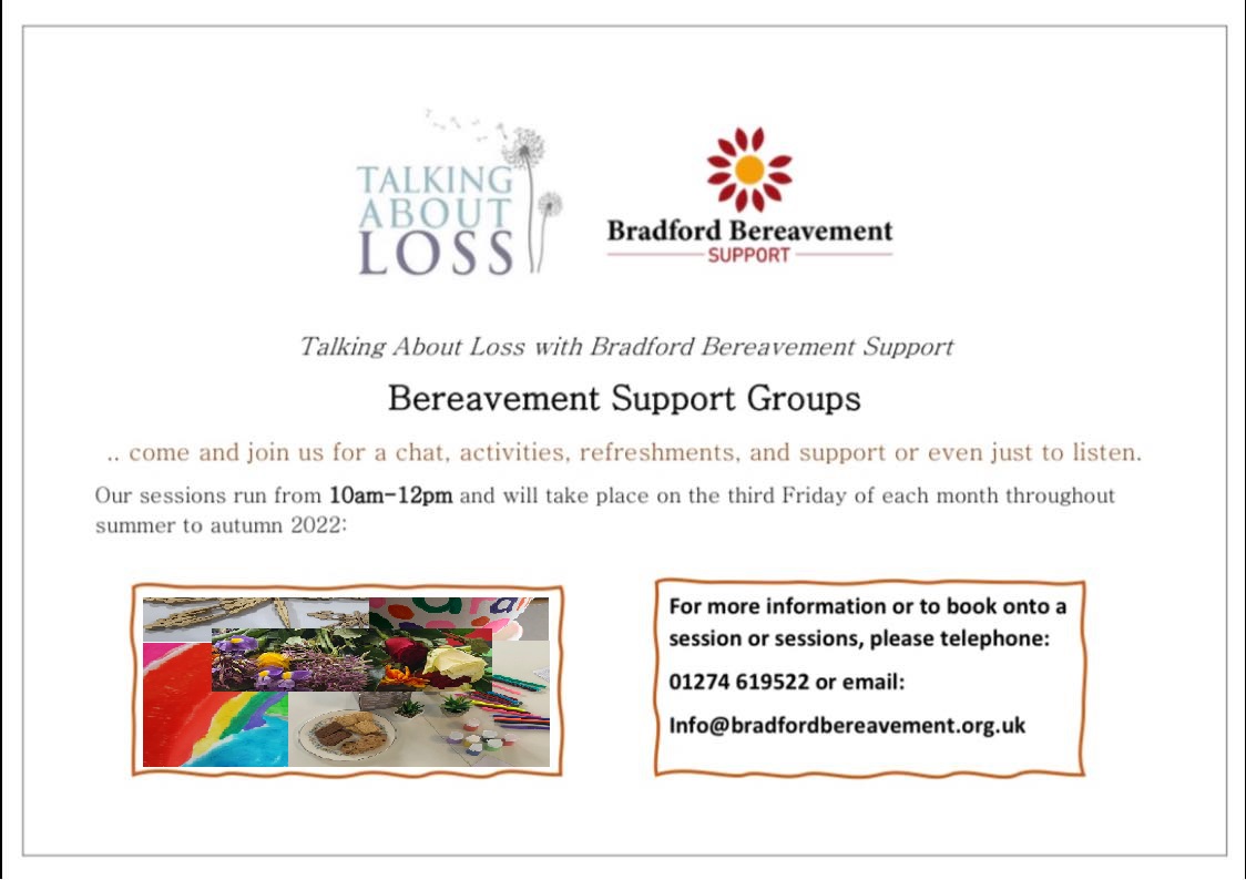 Please pop along to our free peer support group this Friday - drinks and biscuits provided - everyone welcome! Give us a call on 01274 619522 

#peersupport #support #charity #BBS #bereavement #help #together
