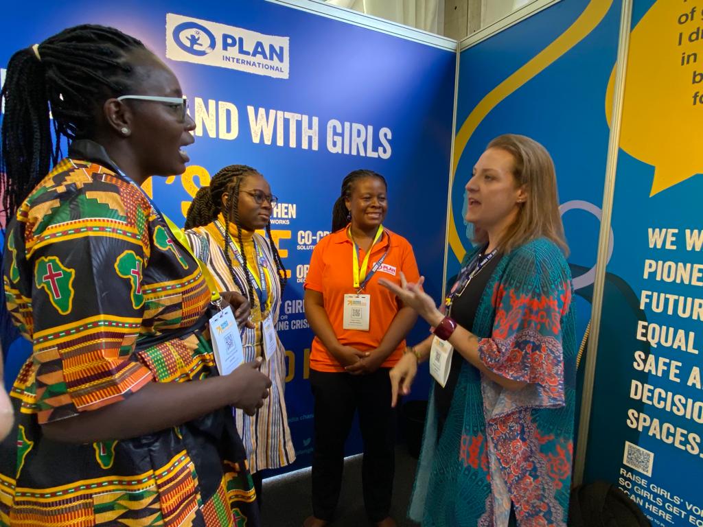 PlanWACA's tweet photo. Welcome to the #PlanInternational booth at #WomenDeliver 2023... A friendly and welcoming space where girls share their inspiring initiatives and advocate so that #GirlsGetEqual.💪 https://t.co/qPHhTKKbIV