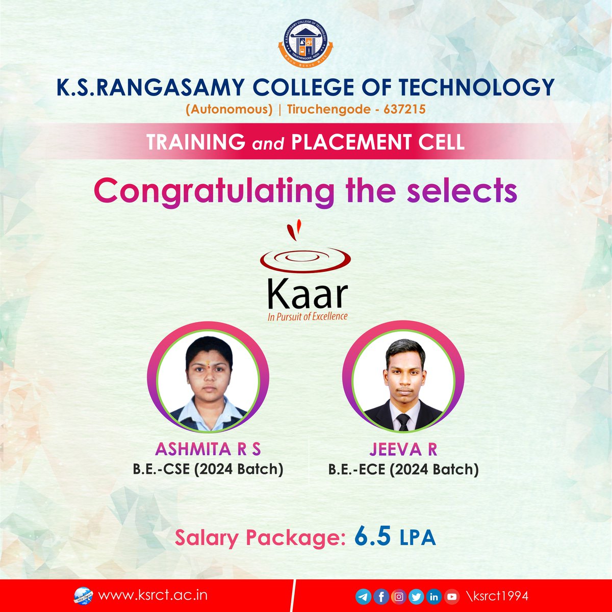 ksrct1994's tweet photo. Placement Offer !

Hearty Congratulations to the #Kaar selects...

Wish you lots of success and happiness in your new job.

Best of luck ! https://t.co/wpWrbawSZm