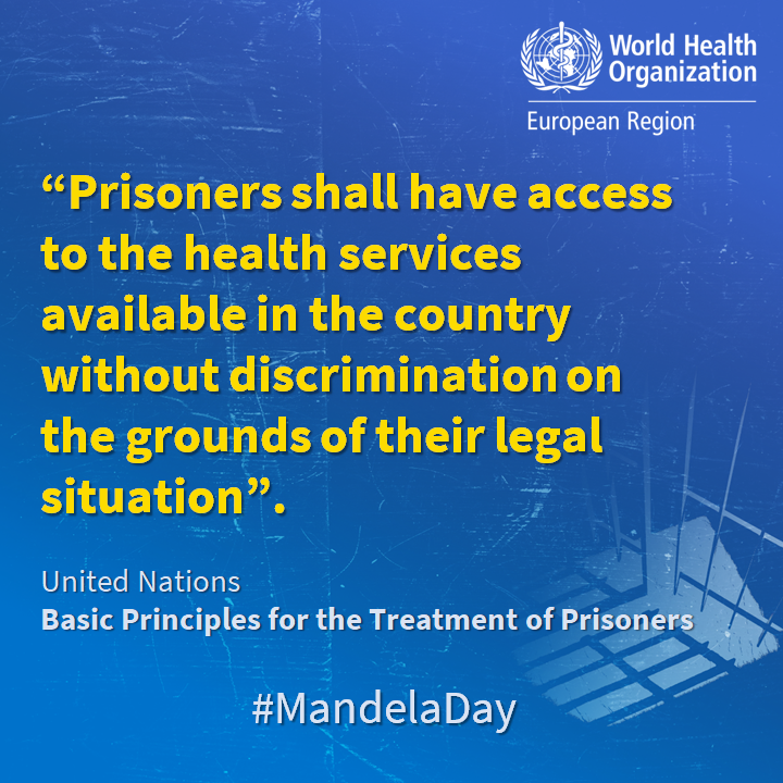 WHO/Europe (@who_europe) on Twitter photo As we consider the tremendous legacy of Nelson Mandela, we reflect on the UN principle of ‘equivalence of care’ and pay tribute to everyone working to uphold the rights of people in prison, including their #RightToHealth and health care.
#MandelaDay
#PrisonHealth As we consider the tremendous legacy of Nelson Mandela, we reflect on the UN principle of ‘equivalence of care’ and pay tribute to everyone working to uphold the rights of people in prison, including their #RightToHealth and health care.
#MandelaDay
#PrisonHealth