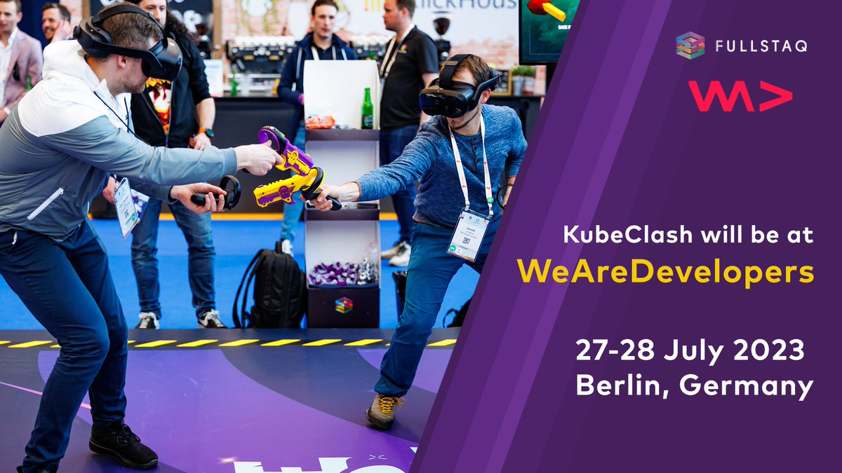 fullstaq's tweet photo. KubeClash returns! On July 27th and 28th, we will be at WeAreDevelopers in Berlin, with our epic free-roam VR shooter. We are so excited to be part of one of the biggest developer conferences in Europe 🚀📷 #Kubeclash #devops #wearedevops #cloudnative #devopsengineer #berlin https://t.co/JHdHzkosLr