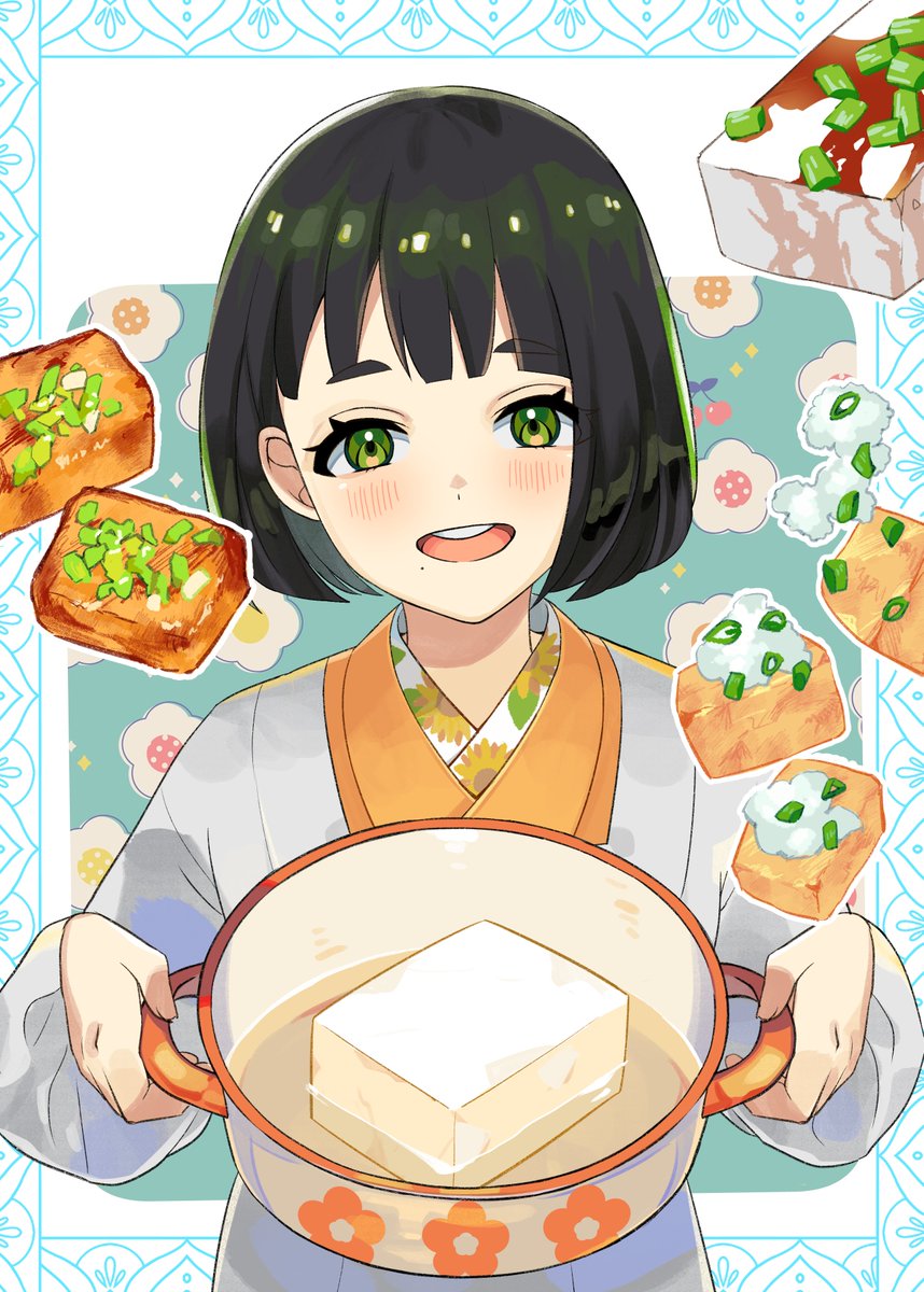 1girl solo green eyes black hair food mole under mouth mole  illustration images