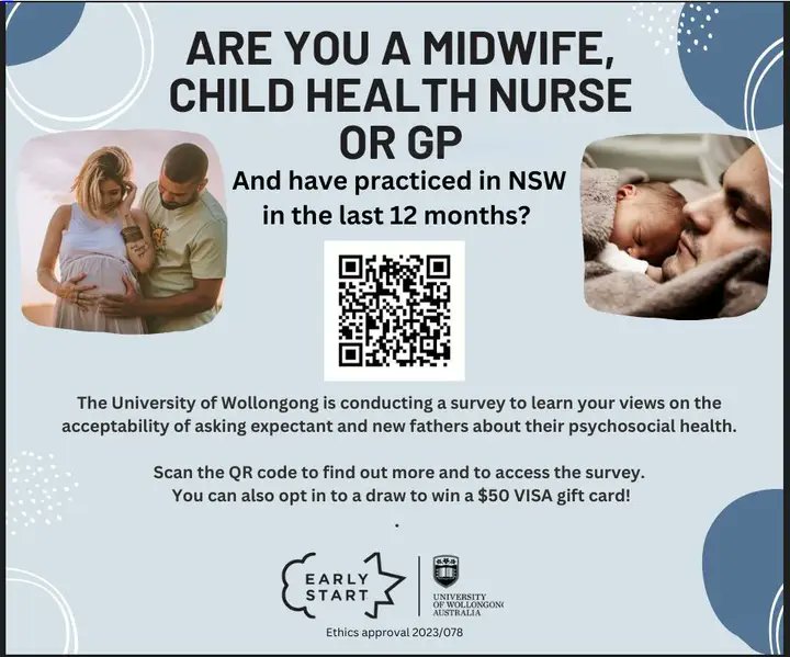 Are you a midwife, child health nurse, or GP in NSW, Australia?  If so, please share your thoughts on asking expectant and new fathers about their psychosocial health. uow.au1.qualtrics.com/jfe/form/SV_1C…