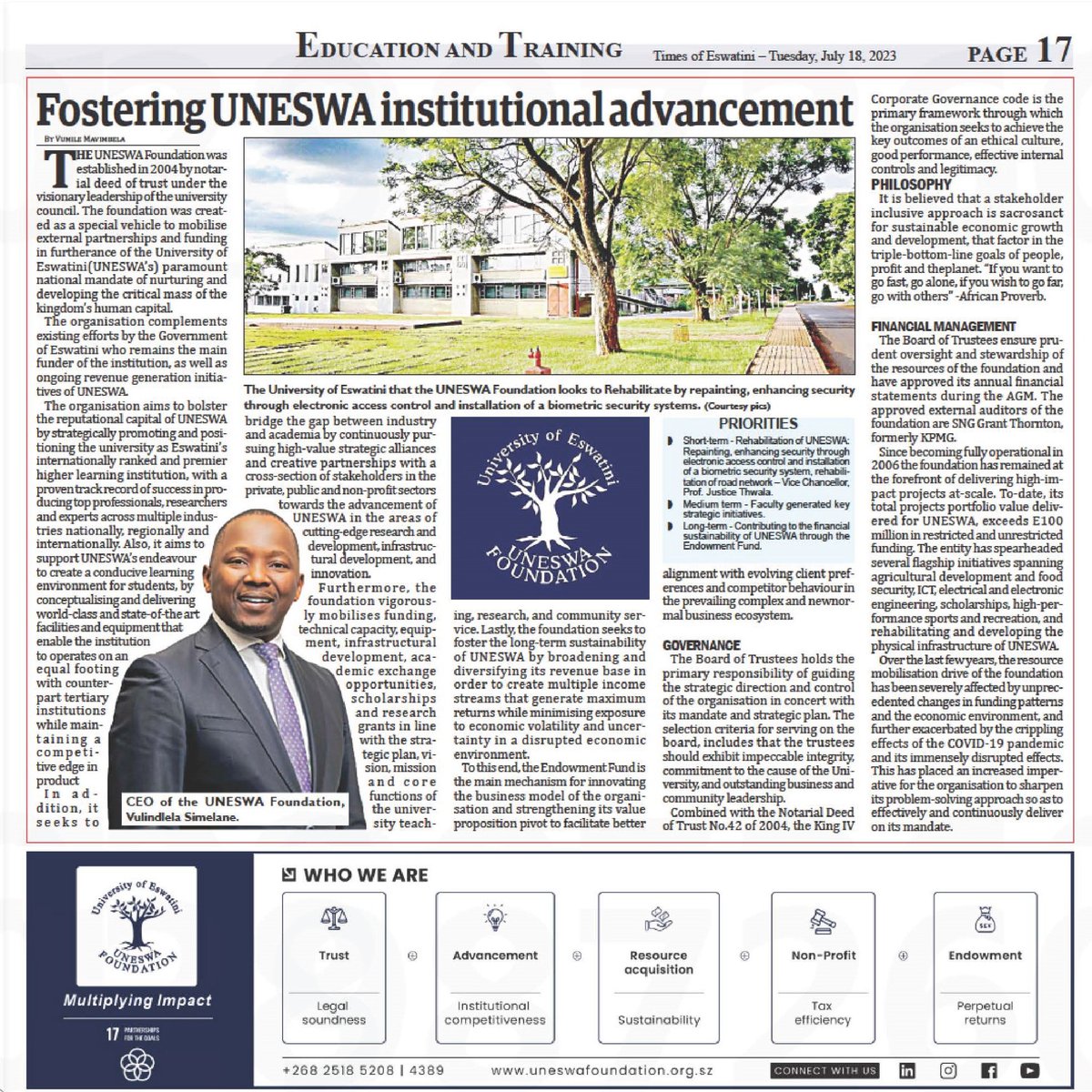 On today's copy of the Times of Eswatini, we discuss the functions and key objectives of the Foundation, an article which was published under the Education and Training section. #multiplyingimpact #rehabilitationdrive #TiniTwitter