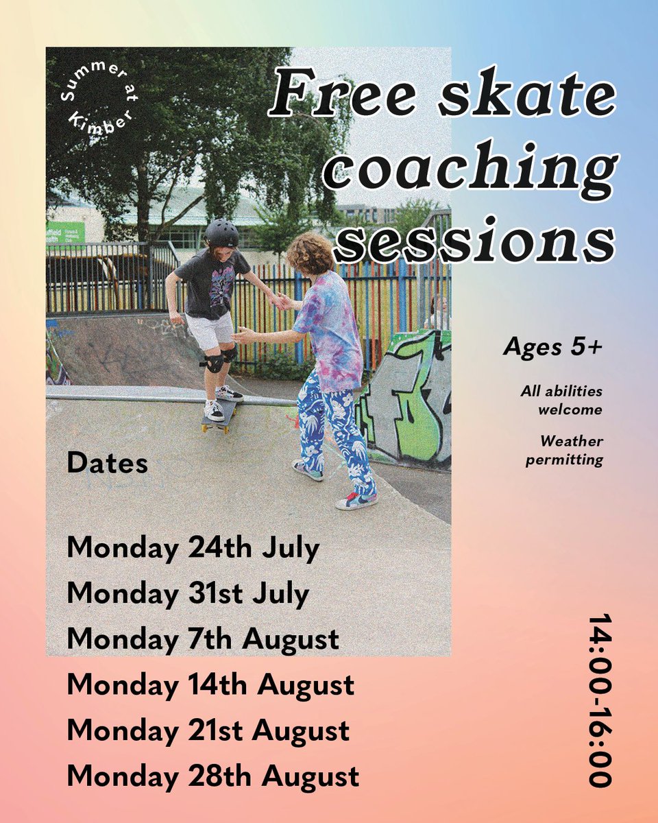 Kimber Skatepark (@kimberskatepark) on Twitter photo Every Monday over the summer holidays we’ll be offering some FREE skateboard coaching sessions!
14:00-16:00
Ages 5+.
All abilities welcome!
No booking required.
Email us for more details
Kimberskatepark@gmail.com Every Monday over the summer holidays we’ll be offering some FREE skateboard coaching sessions!
14:00-16:00
Ages 5+.
All abilities welcome!
No booking required.
Email us for more details
Kimberskatepark@gmail.com