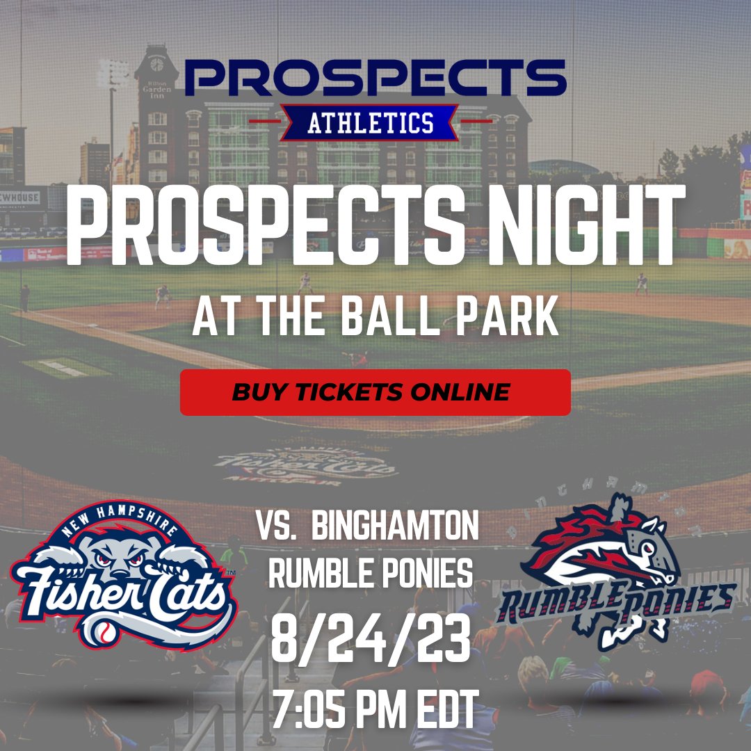 Don't miss Prospects Night on Aug 24th! Fisher Cats vs Binghamton Rumble Ponies, followed by fireworks. Join us for $12.00 per ticket, $4.00 supports the Prospects Scholarship Fund. Meet coaches, families, players! Get tickets here: fevogm.com/event/Prospect… #ProspectsNight