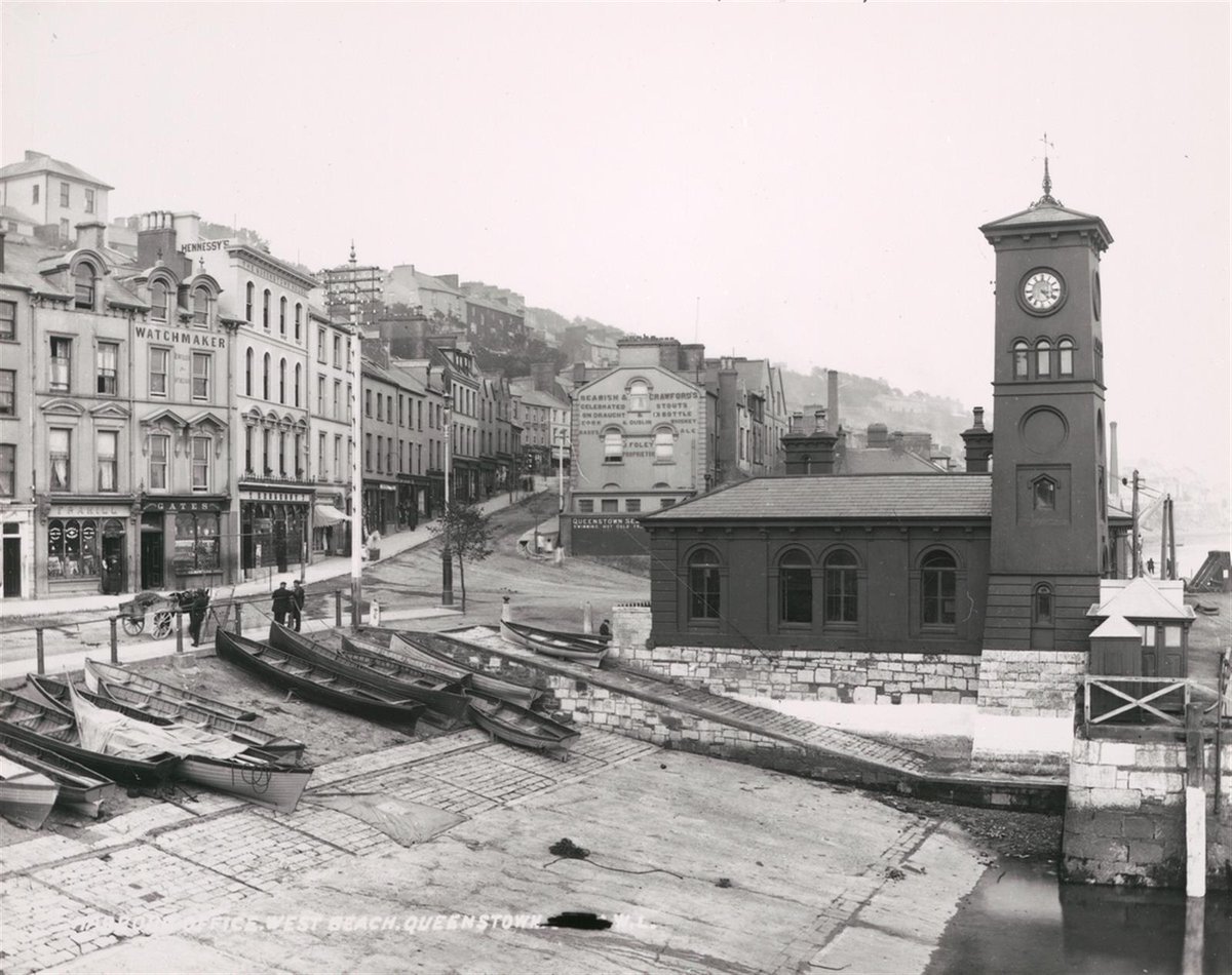 ClockTowerCobh's tweet photo. In the 1890s, Clock Tower was owned and maintained by the Cork Harbour Commissioners. Note the rowboats ready to take pilots out to incoming ships.  Photo via NLI. #RestoreClockTower #Cobh https://t.co/tOh87nRgfc