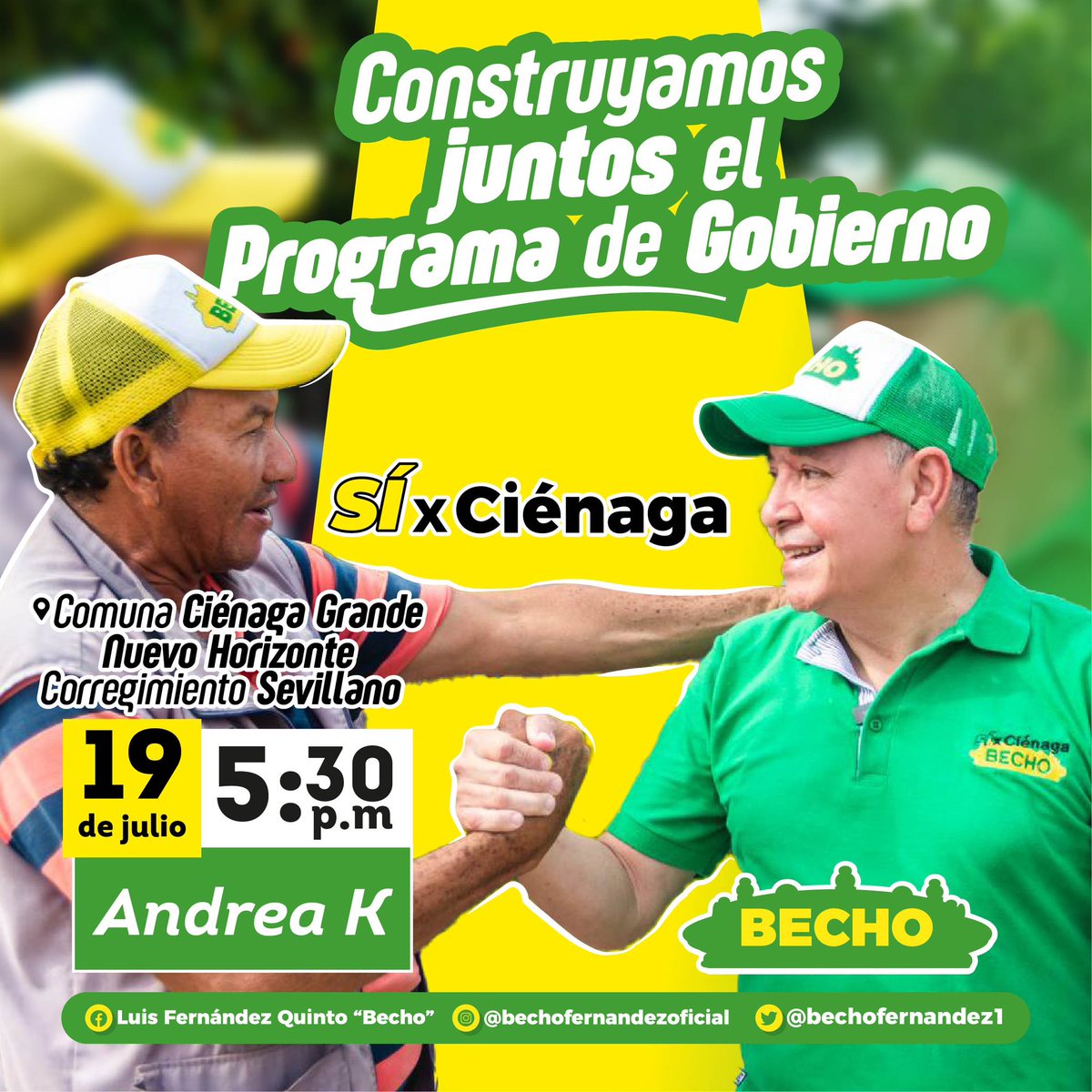 bechofernandez1's tweet photo. Seguimos construyendo juntos la hoja de ruta que nos llevará a trabajar por el Progreso de nuestra gente. Se viene el turno para las comunas Ciénaga Grande, Nuevo Horizonte y corregimiento de Sevillano. 
¡Los esperamos! 
#EquipoGanador 💪🏻
#SíXCiénaga 💛💚✍🏻
#BechoFernández https://t.co/a8LfcbVM5c