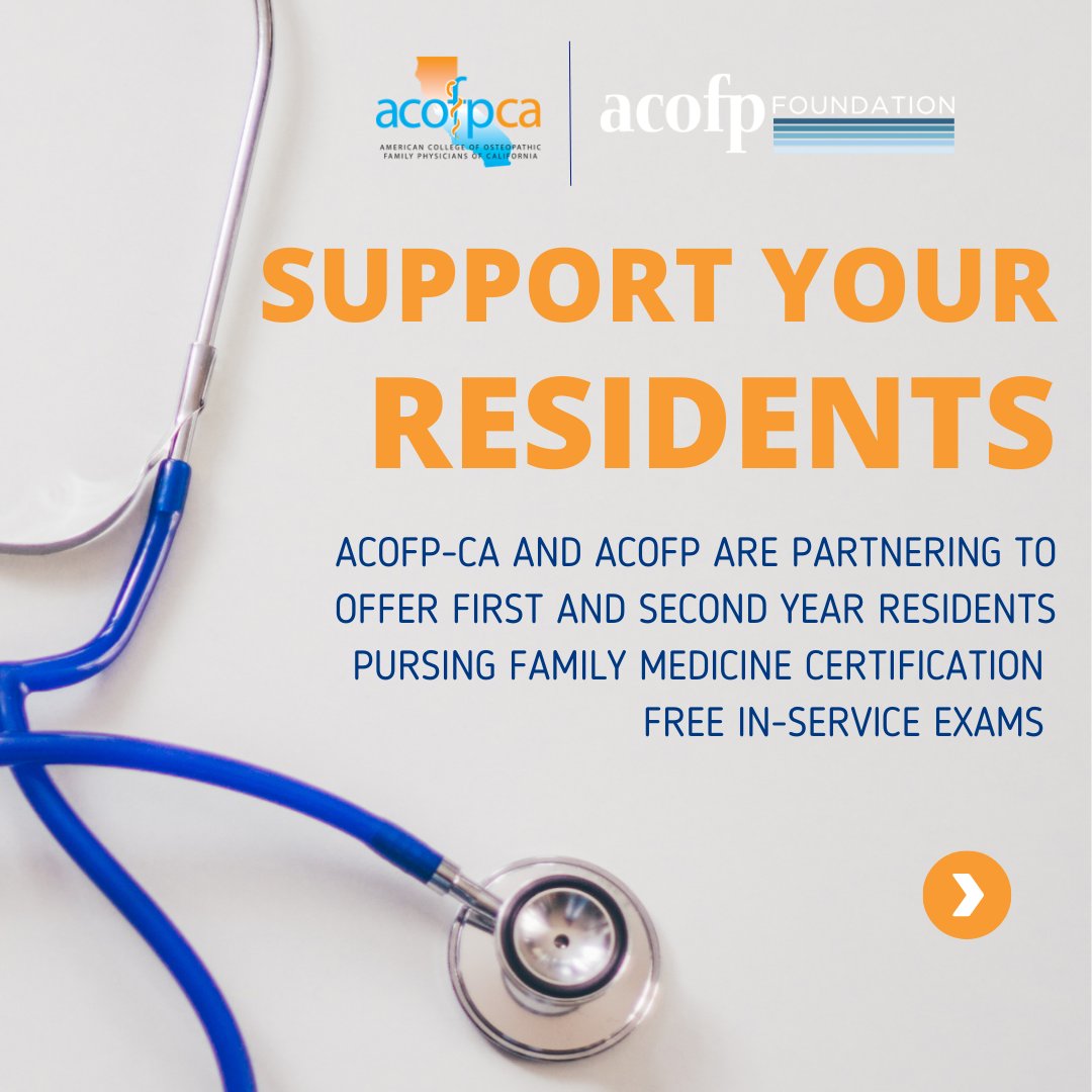 ACOFP's tweet photo. The ACOFP Foundation and @acofpcaorg have joined together to create a program supporting first- and second-year Family Medicine residents to pursue the osteopathic pathway to Family Medicine Board Certification through the AOBFP free of charge. https://t.co/szcgWzrIVg https://t.co/57mG59HWVt
