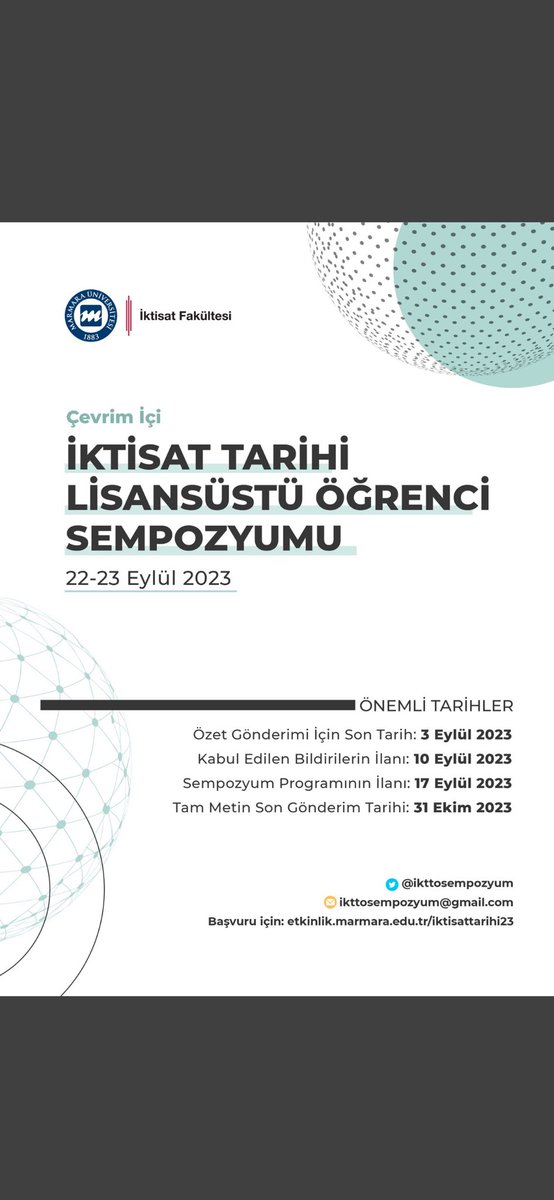 Yaşadığımız deprem felaketi sebebi ile ertelenen İktisat Tarihi Lisansüstü Öğrenci Sempozyumu 22-23 Eylül 2023 tarihlerinde gerçekleştirilecek olup bildiri kabulü devam etmektedir.
