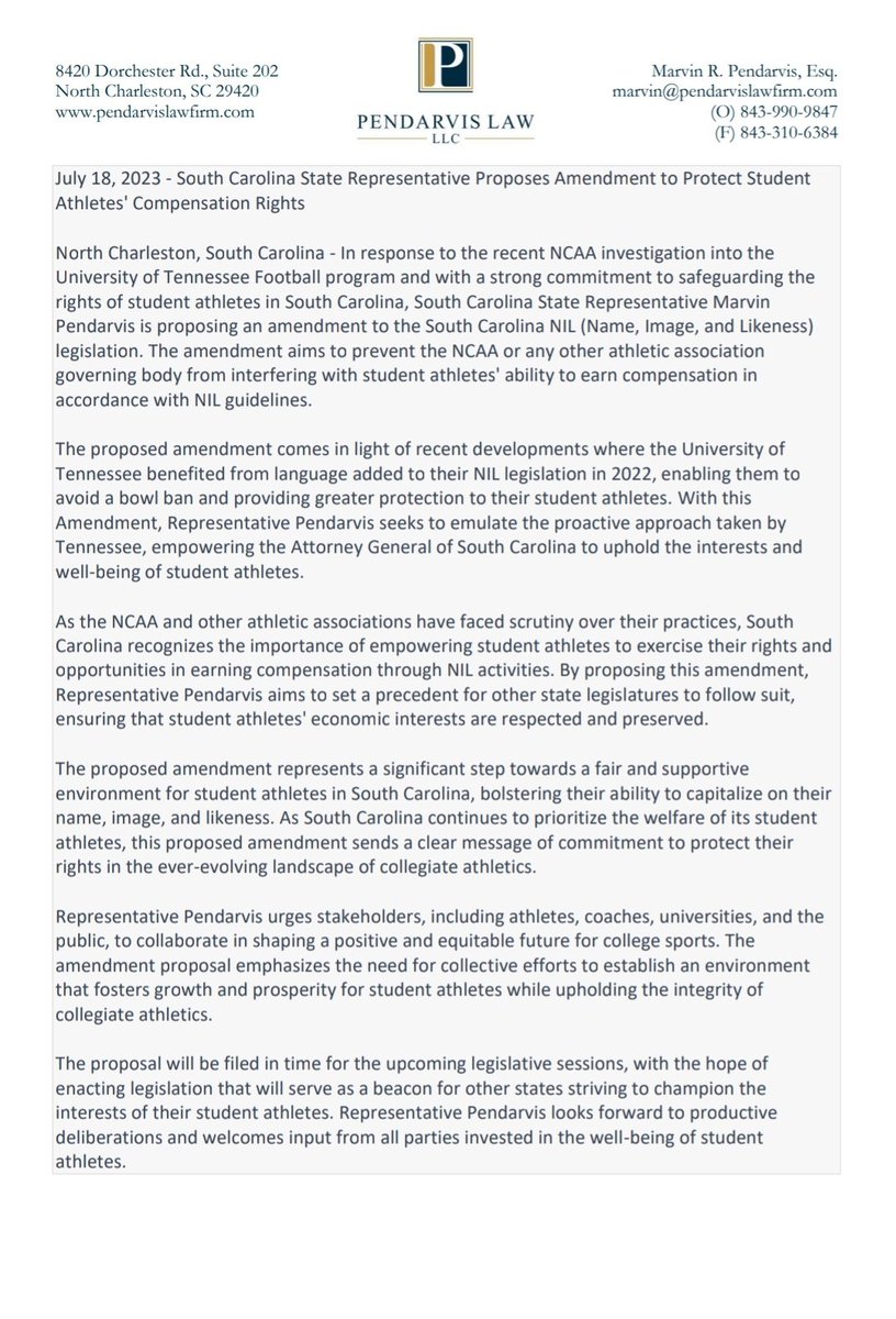 For Immediate Release.  In response to the recent investigation into the University of Tennessee Football Program, I am proposing an amendment to the South Carolina NIL legislation that would prevent the NCAA from interfering with student athletes' abilities to earn compensation.