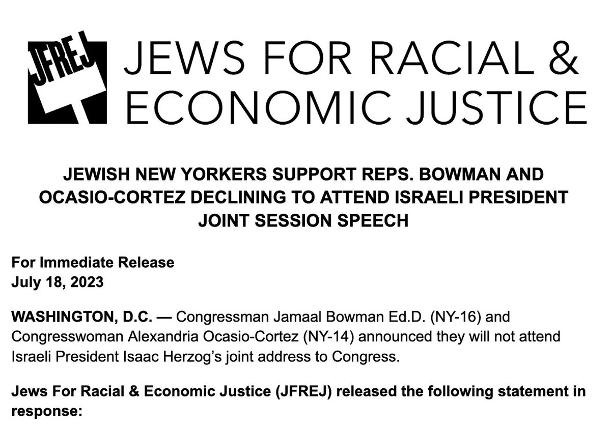 As Jewish New Yorkers, we support Reps. @JamaalBowmanNY & @AOC's decision not to attend Israeli President Herzog’s speech before a joint session of Congress, just as we supported their decision not to attend Indian Prime Minister Modi’s speech. 1/4