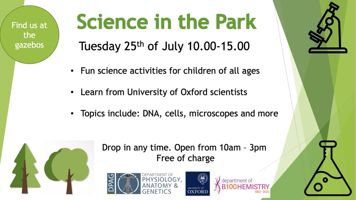 Department of Physiology Anatomy & Genetics (DPAG) (@oxforddpag) on Twitter photo Meet <a href="/OxfordDPAG/">Department of Physiology Anatomy & Genetics (DPAG)</a> & <a href="/BiochemOxford/">Department of Biochemistry at Oxford University</a> #scientists at a fun day of #science activities for all ages <a href="/OxUniParks/">University Parks</a> on 25 July! Find us in gazebos behind Sherrington. More info: tinyurl.com/bdhzntx6
<a href="/DailyInfoOxford/">Daily Info</a> <a href="/KavliOxford/">Kavli Institute for Nanoscience Discovery, Oxford</a> <a href="/OxfordMedSci/">Medical Sciences</a> <a href="/UniofOxford/">University of Oxford</a> <a href="/DPAGAthenaSwan/">DPAG Athena Swan</a> <a href="/DPAGPostdoc/">DPAG Researcher’s Society</a> Meet <a href="/OxfordDPAG/">Department of Physiology Anatomy & Genetics (DPAG)</a> & <a href="/BiochemOxford/">Department of Biochemistry at Oxford University</a> #scientists at a fun day of #science activities for all ages <a href="/OxUniParks/">University Parks</a> on 25 July! Find us in gazebos behind Sherrington. More info: tinyurl.com/bdhzntx6
<a href="/DailyInfoOxford/">Daily Info</a> <a href="/KavliOxford/">Kavli Institute for Nanoscience Discovery, Oxford</a> <a href="/OxfordMedSci/">Medical Sciences</a> <a href="/UniofOxford/">University of Oxford</a> <a href="/DPAGAthenaSwan/">DPAG Athena Swan</a> <a href="/DPAGPostdoc/">DPAG Researcher’s Society</a>