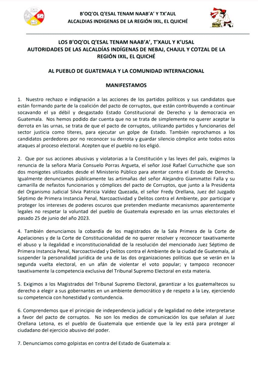 Factor4_GT's tweet photo. #RegiónIxchil #Coyuntura | Autoridades de las #AlcaldíasIndígenas de #Nebaj, #Chajul y  #Cotzal denuncian la “cobardía de los magistrados de la Corte de Apelaciones y de la CC de no querer reconocer  la ilegalidad de la resolución del Juez Séptimo de Primera Instancia Penal” 👇🏽 https://t.co/EyYzSLsnSL