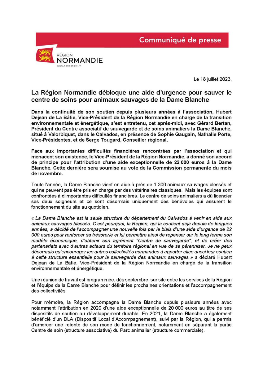 NdieConquerante's tweet photo. Une aide d'urgence de la @RegionNormandie pour sauver le centre de soins pour animaux sauvages de la Dame Blanche (14) !

"La Dame Blanche est la seule structure du département du Calvados à venir en aide aux animaux sauvages blessés. C’est pourquoi, la Région, qui la soutient déjà depuis de longues années, a décidé de l’accompagner une nouvelle fois par le biais d’une aide d’urgence de 22 000 euros pour renforcer sa trésorerie et lui permettre ainsi de repenser sur le long terme son modèle économique, d’obtenir son agrément "Centre de sauvegarde", et de créer des partenariats avec d’autres acteurs du territoire régional en vue de se pérenniser. Je ne peux désormais qu’encourager les autres collectivités normandes à apporter elles aussi leur soutien à cette structure essentielle pour la sauvegarde des animaux sauvages" @HdeLaBatie, Vice-Président de la @RegionNormandie en charge de la transition environnementale et énergétique.

#LaNormandieConquérante #Normandie
