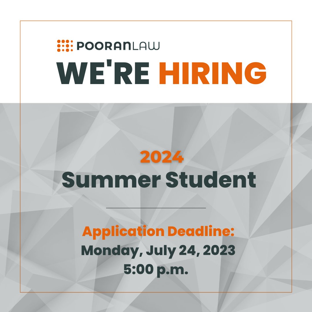 DEADLINE APPROACHING: Do you have excellent academic &amp; professional credentials? A passion for social justice? Apply as a 2024 Summer Student before 5 p.m. on Monday, July 24. Get the full application details: pooranlaw.com/join-us/